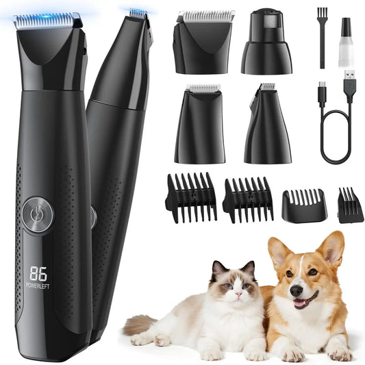 4-in-1 Rechargeable Pet Grooming Kit with Nail Grinder - Silent Clippers for Dogs and Cats, Ideal for Body, Face, and Paw Grooming